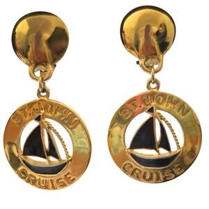 St John Earrings Cruise Nautical Spell Out Clip On Black Enamel Gold Vintage